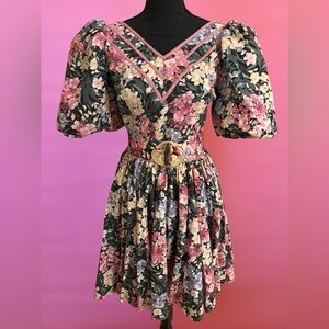 Vintage 80s Reworked Floral Pink Yellow Navy Puff Sleeve Top & Skirt Set w Belt